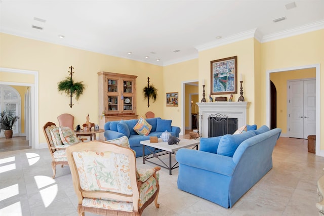 tiled living room featuring crown molding