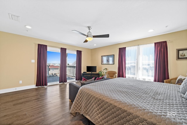 bedroom with access to outside, dark wood-type flooring, and ceiling fan