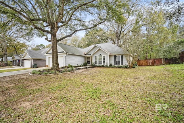 ranch-style home with concrete driveway, a front yard, a garage, and fence