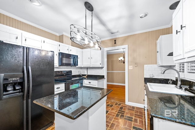 kitchen featuring dark wood-type flooring, a kitchen island, black appliances, decorative backsplash, and sink