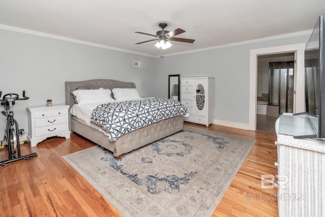 306 Thornton Pl, Mobile, AL 36609 - bedroom with light wood finished floors, ornamental molding, baseboards, and ceiling fan
