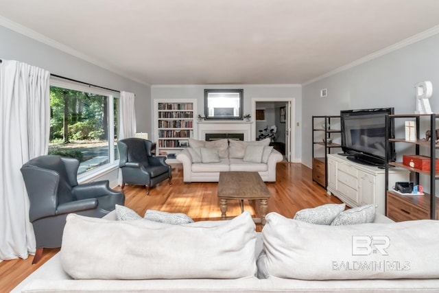 306 Thornton Pl, Mobile, AL 36609 - living room with ornamental molding, light wood-style floors, and a fireplace