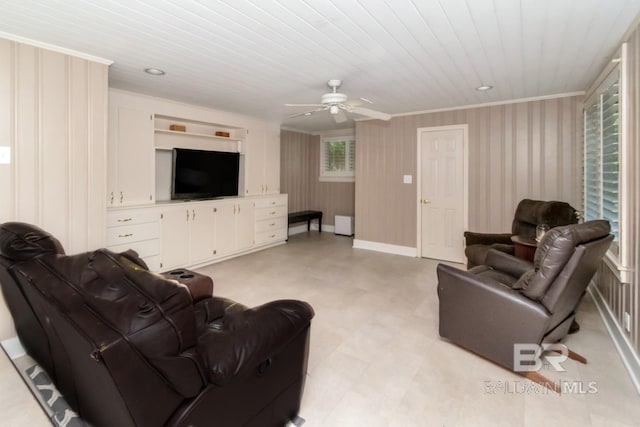 306 Thornton Pl, Mobile, AL 36609 - living room featuring a ceiling fan, light flooring, crown molding, baseboards, and wooden ceiling
