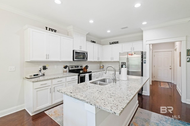 kitchen with white cabinetry, sink, a center island with sink, and appliances with stainless steel finishes