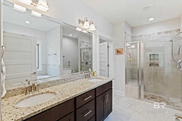 bathroom featuring walk in shower, vanity, and toilet