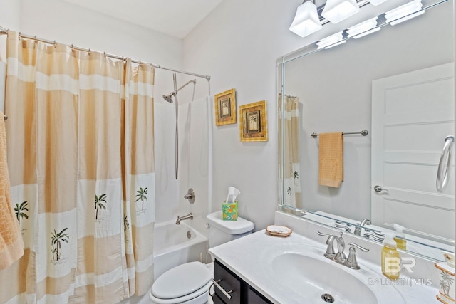 full bathroom with vanity, toilet, and shower / bathtub combination with curtain