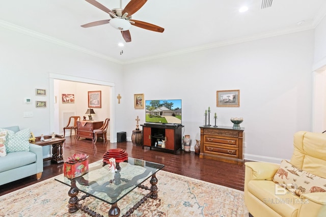 living room with ceiling fan, dark wood-type flooring, and ornamental molding