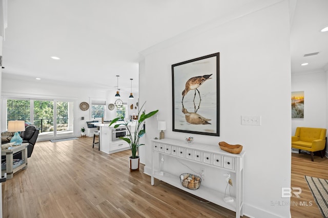 hall featuring light hardwood / wood-style flooring and ornamental molding