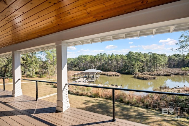 deck featuring a water view