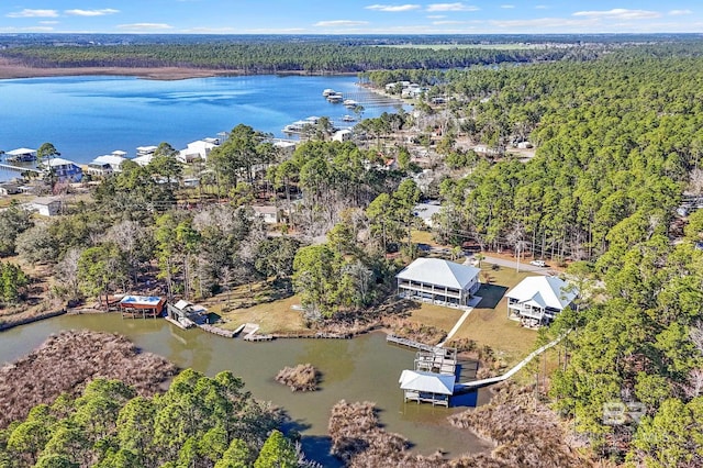 aerial view featuring a water view