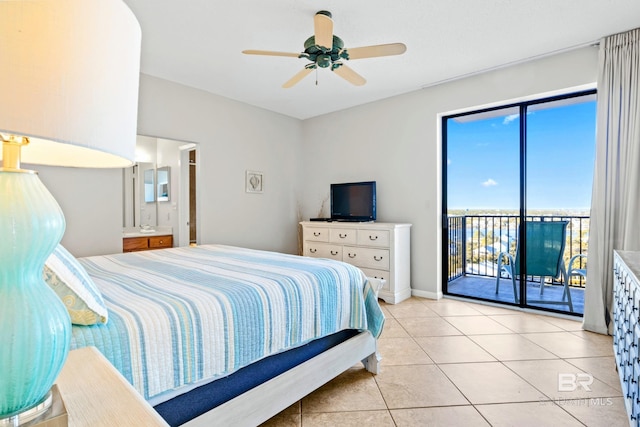 tiled bedroom featuring ceiling fan, access to exterior, and ensuite bathroom