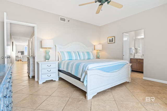 tiled bedroom featuring ensuite bathroom and ceiling fan
