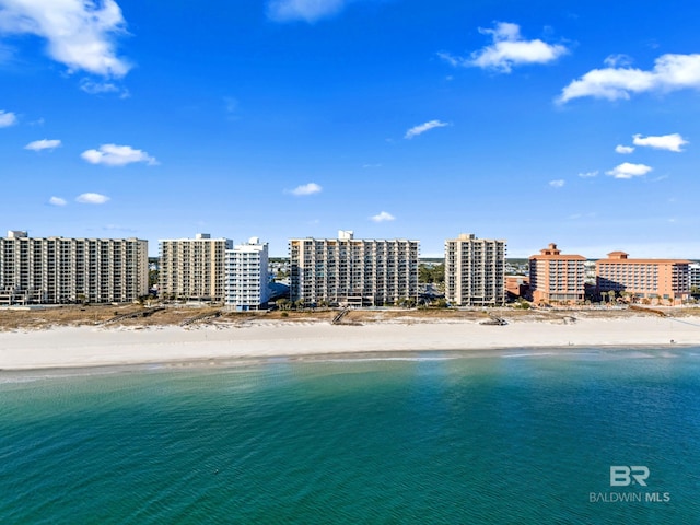 bird's eye view featuring a view of the beach and a water view
