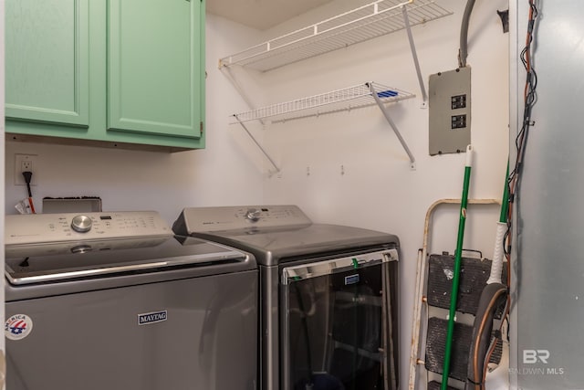 laundry area featuring cabinets, independent washer and dryer, and electric panel