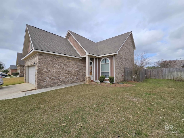 view of front facade featuring concrete driveway, a front lawn, fence, and brick siding