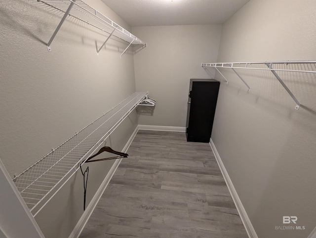 walk in closet with wood finished floors