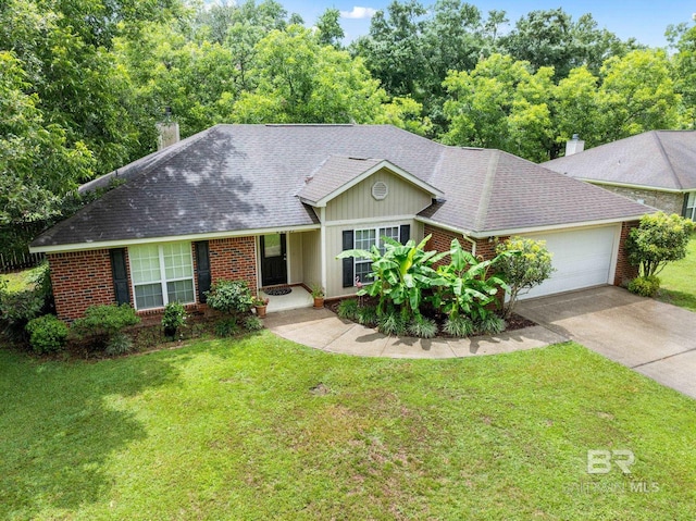 22091 Pecan Loop, Silverhill, AL 36576 - ranch-style home with brick siding, an attached garage, a chimney, and driveway