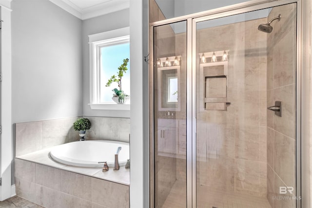 23901 Cypress Xing, Orange Beach, AL 36561 - bathroom featuring a shower stall, ornamental molding, and a bath