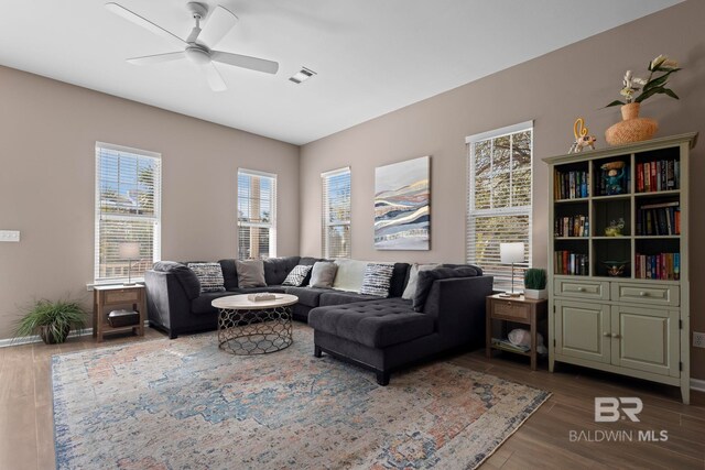 living room with ceiling fan