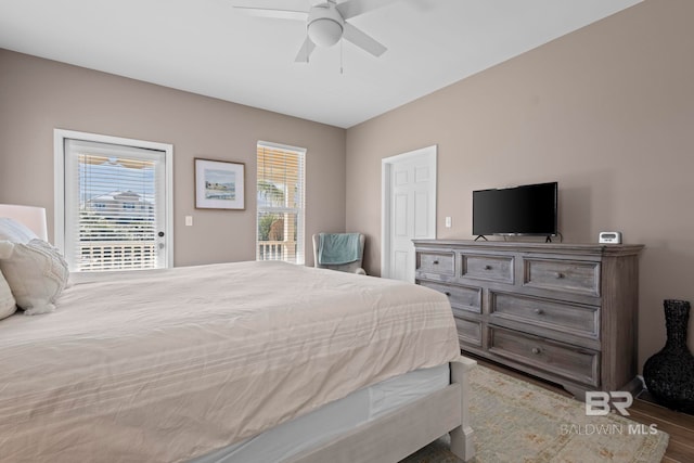 bedroom featuring access to exterior, hardwood / wood-style floors, multiple windows, and ceiling fan