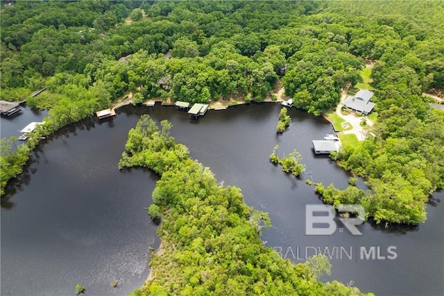 aerial view featuring a water view