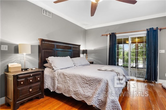 bedroom featuring ornamental molding, light wood-type flooring, ceiling fan, and access to exterior