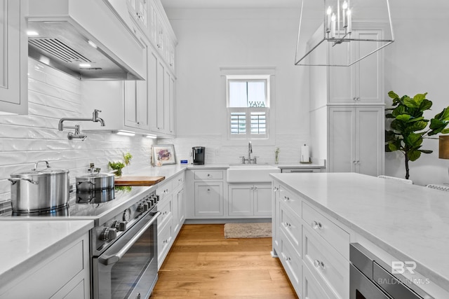 kitchen with high end range, custom exhaust hood, sink, tasteful backsplash, and light hardwood / wood-style floors