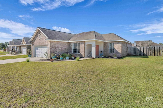 ranch-style house featuring fence, brick siding, concrete driveway, a garage, and a front lawn
