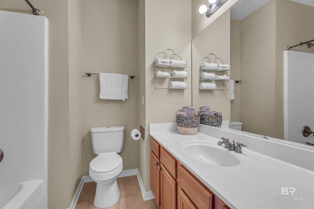 bathroom featuring shower / bathtub combination, toilet, baseboards, tile patterned flooring, and vanity