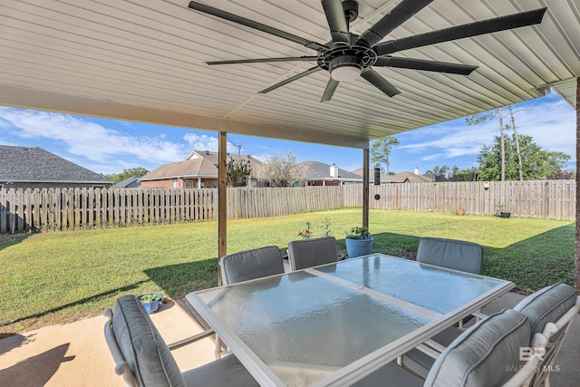 view of patio featuring outdoor dining space, a ceiling fan, and a fenced backyard