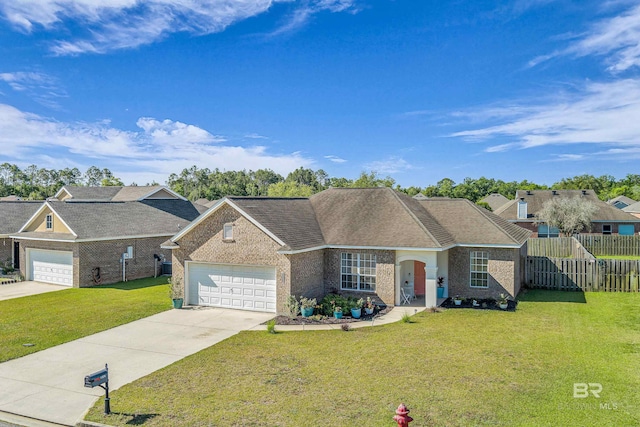 view of front of house featuring an attached garage, fence, a front yard, brick siding, and driveway