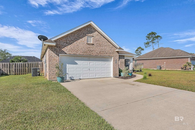 view of front of property featuring fence, an attached garage, brick siding, concrete driveway, and a front lawn