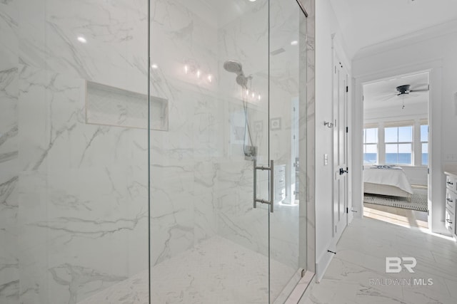 16761 Perdido Key Dr, Pensacola, FL 32507 - bathroom featuring ornamental molding, ceiling fan, and a shower with shower door