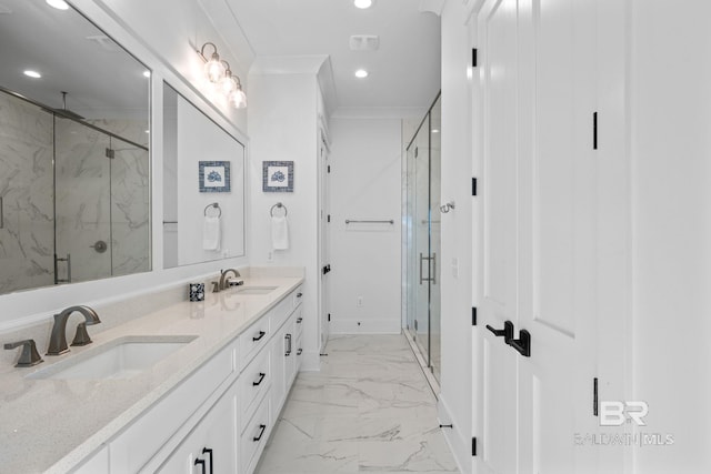 16761 Perdido Key Dr, Pensacola, FL 32507 - bathroom with walk in shower, ornamental molding, and vanity