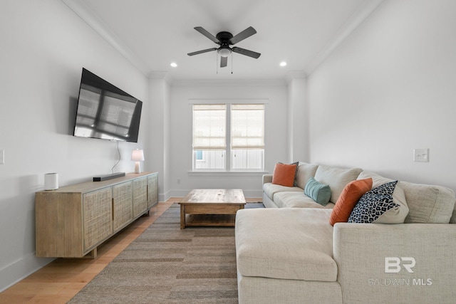 16761 Perdido Key Dr, Pensacola, FL 32507 - living room featuring light wood-type flooring, crown molding, and ceiling fan