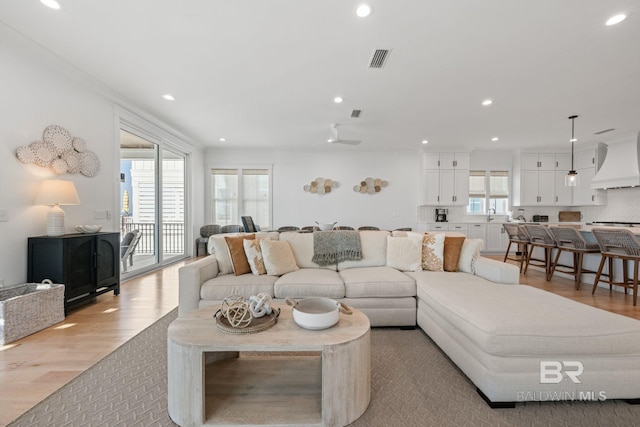 16761 Perdido Key Dr, Pensacola, FL 32507 - living room featuring a wealth of natural light, light hardwood / wood-style floors, ceiling fan, and sink