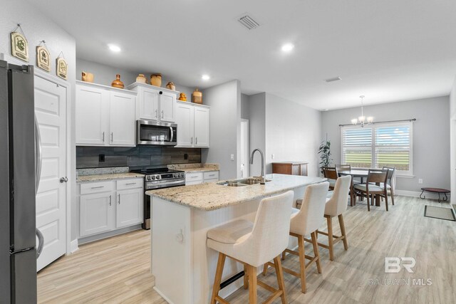 4175 Montague Dr, Gulf Shores, AL 36542 - kitchen featuring appliances with stainless steel finishes, light wood-type flooring, white cabinets, a center island with sink, and a chandelier