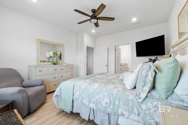 4175 Montague Dr, Gulf Shores, AL 36542 - bedroom with light wood-style floors, recessed lighting, connected bathroom, and ceiling fan