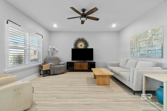 4175 Montague Dr, Gulf Shores, AL 36542 - living room featuring ceiling fan, light wood-style floors, and recessed lighting