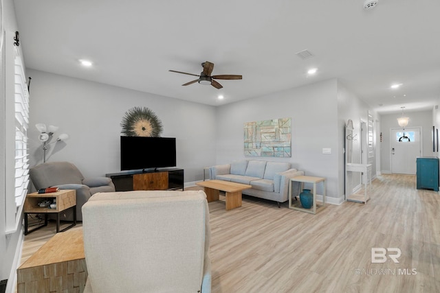 4175 Montague Dr, Gulf Shores, AL 36542 - living room featuring light wood-style flooring, a ceiling fan, and recessed lighting