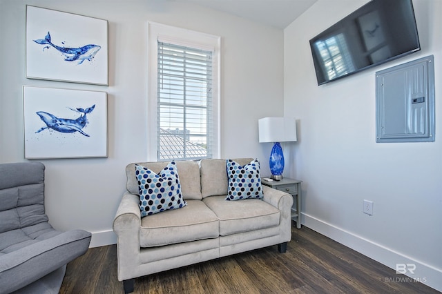 living room with dark hardwood / wood-style floors and electric panel