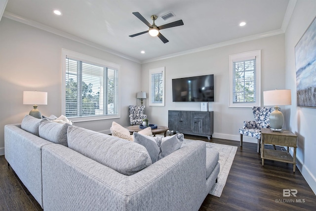 living room with dark hardwood / wood-style flooring, plenty of natural light, ornamental molding, and ceiling fan