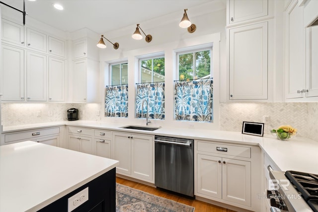 kitchen with backsplash, sink, white cabinetry, and stainless steel dishwasher