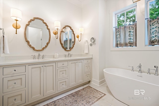 bathroom with tile flooring and double sink vanity