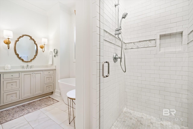 bathroom featuring tile floors, walk in shower, and oversized vanity