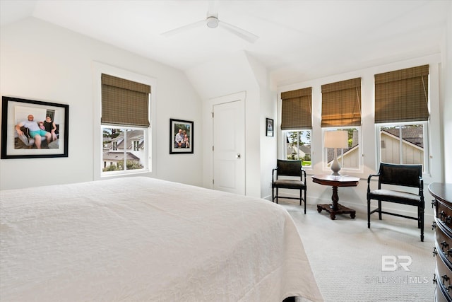 bedroom featuring lofted ceiling, carpet, and ceiling fan