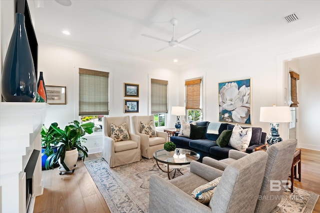 living room with ceiling fan and light wood-type flooring