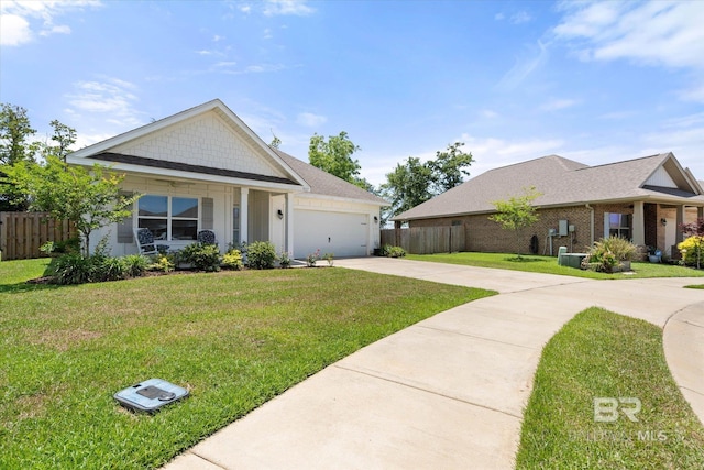 ranch-style home featuring concrete driveway, a garage, brick siding, and a shingled roof