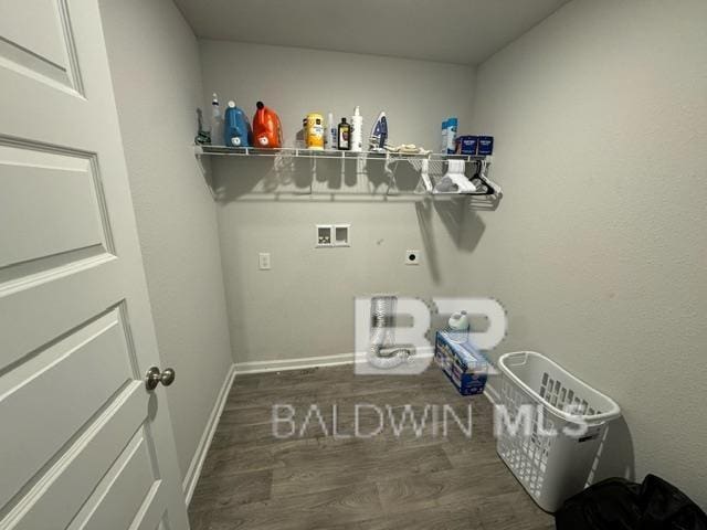 32807 N Pickens Ave, Lillian, AL 36549 - laundry room featuring hookup for an electric dryer, wood finished floors, washer hookup, and baseboards