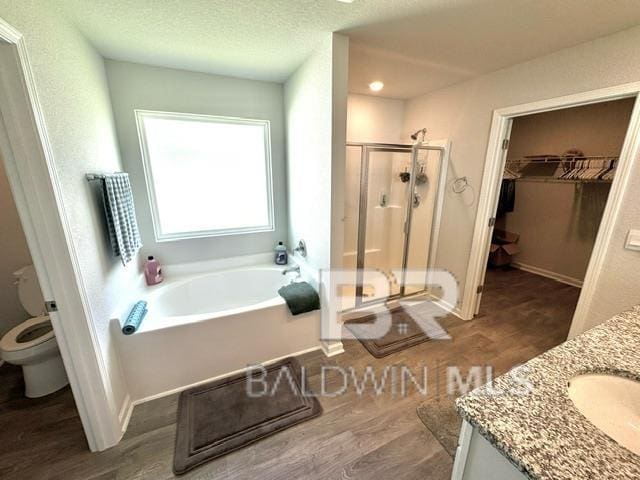 32807 N Pickens Ave, Lillian, AL 36549 - full bath featuring a garden tub, a stall shower, wood finished floors, and vanity